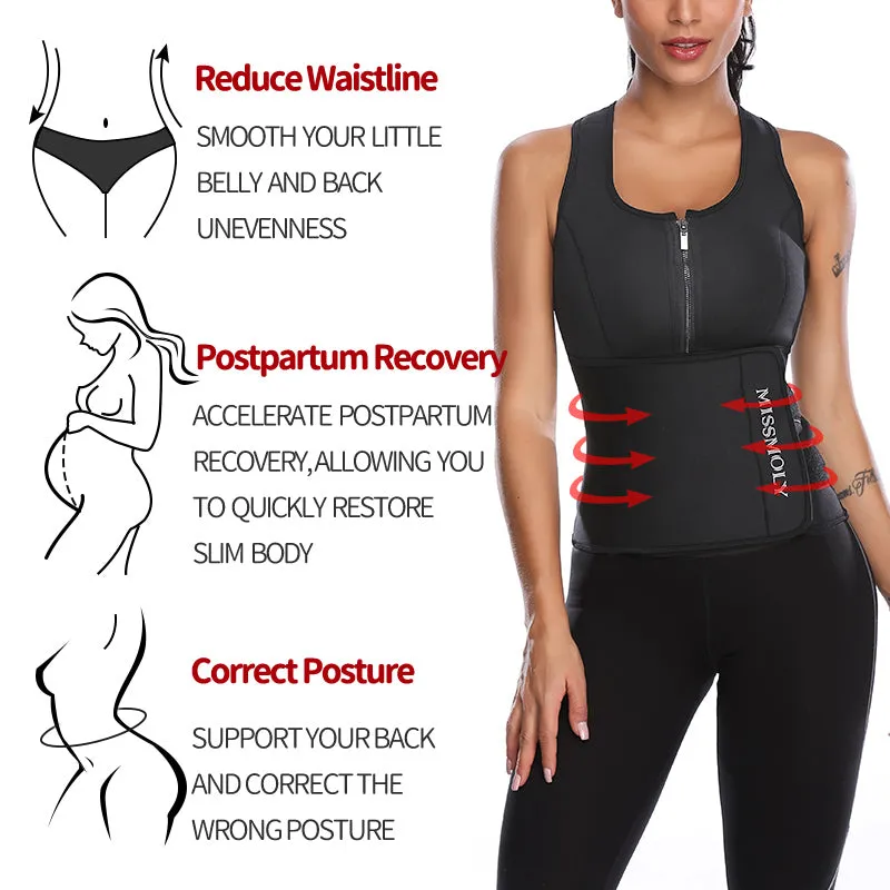 Women's Waist Trainer Corset Trimmer Belt Neoprene Sauna Sweat Suit Zipper Body Shaper with Adjustable Workout Tank Tops