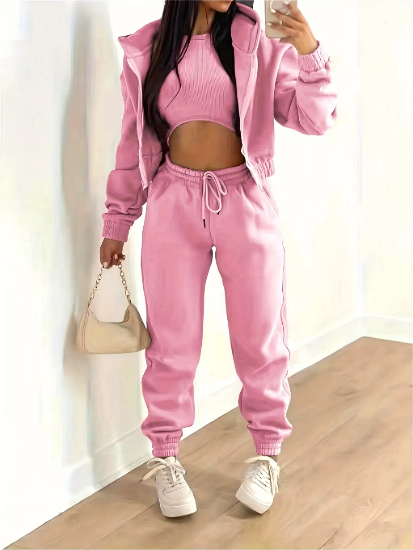 Zip Up Hooded Jacket & Tank Top & Jogger Pants Three-piece Set Outfits